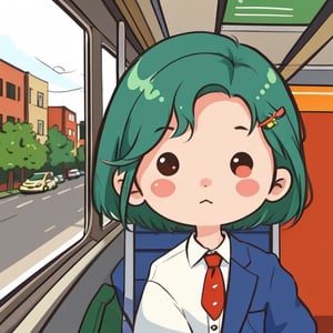 (best quality),masterpiece,girl, ,SAM YANG,STICKERS ,chibi avatar, headhoes, bus, sitting  the bus, window,city,sunset,{{ green hair}}, hair clip, short hair, shoulder hair,  bust shot, red eyes, highlight o eyes, colored hair, small nose, rose cheeks, expressive eyebrowns, formal shirt, tie, city pass the window