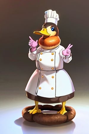 A cute duck wearing a chef uniform holding a donut, unreal engine render 8k