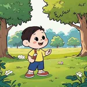 boy,happy, black eyes, grass field, trees in background, hand draw,



,cute comic,chibi avatar