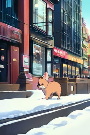 cinematic, stunning, minimalist, thin lightweight light cute red fluffy puppy laying in box  in heavy snowy New York city street sitting Around walking a lot of people, running around etc. . beautiful shot. 8k. Wallpaper. Extremely detailed