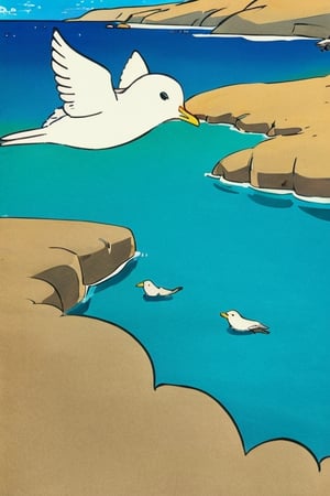 A little seagull with poison in its beak flying over a pretty beach surrounded  blue water.in drawing style color