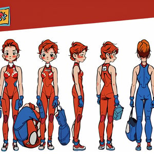 (best quality), masterpiece,  chibi avatar,1990s \(style\), girl,red short hair, character sheet, model sheet, multiple views of the same character, swinsuit