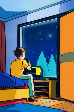 A boy playing video games at night in his room, illustration by Hergé, perfect coloring, 8k