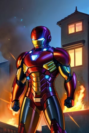 Iron man, super hero,black suit, futuristic,reslistic, shiny, big guns, building in backgound, fire, armaggedom, HD, 8k