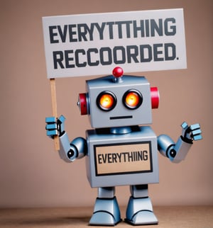 A robot holding a sign: ((("Everything recorded")))