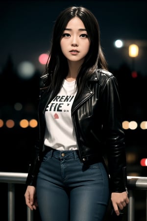 centered, photorealistic, analog photography, photography, upper body, upper body portrait, standing, (detailed face), (beautiful detailed eyes:1.2), | solo, woman, black open leather jacket, tight jeans, | city, urban scenery, night time, | bokeh, depht of field, | hyperealistic shadows, smooth detailed, blurred background | ,kimikomiyav01,realism