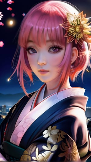 (best quality, masterpiece, colorful, dynamic angle, highest detailed)upper body photo, fashion photography of cute european girl with iridiscent pink hair, flirting with POV, in traditional japanese gold&black kimono, ultra detailed kimono textures, high contrast, night, kyoto, fireworks,  (intricate details, hyperdetailed:1.15), detailed, moonlight passing through hair, (official art, extreme detailed, highest detailed),