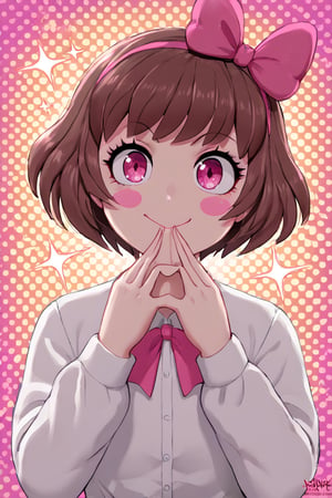 1girl, crazy laughting face, holding evil laugh, laigh, bangs, blush stickers, bow, brown hair, closed mouth, collared shirt, hair bow, halftone, halftone background, looking at viewer, pink bow, pink eyes, purple eyes, shirt, short hair, solo, sparkle, upper body, white shirt, weapon