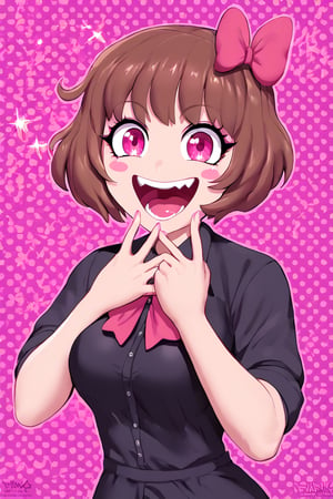 1girl, crazy laughting face, holding evil laugh, laigh, bangs, blush stickers, bow, brown hair, laugh oevr open mouth, collared shirt, hair bow, halftone, halftone background, looking at viewer, pink bow, pink eyes, purple eyes, shirt, short hair, solo, sparkle, upper body, white shirt, weapon
