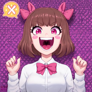 1girl, crazy laughting face, holding evil laugh, laigh, bangs, blush stickers, bow, brown hair, laugh oevr open mouth, collared shirt, hair bow, halftone, halftone background, looking at viewer, pink bow, pink eyes, purple eyes, shirt, short hair, solo, sparkle, upper body, white shirt, weapon