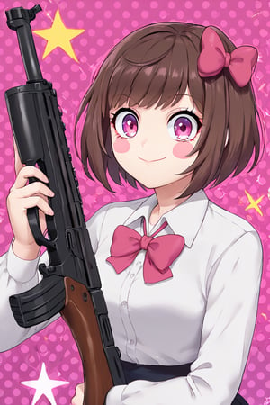 1girl, crazy face, holding a gun weapon, gun, bangs, blush stickers, bow, brown hair, closed mouth, collared shirt, hair bow, halftone, halftone background, looking at viewer, pink bow, pink eyes, purple eyes, shirt, short hair, solo, sparkle, upper body, white shirt, weapon