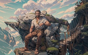 anime, LODBG, (one lonely man:1.6), full body, wearing armor, on the edge of a cliff sitting on stone, wooden bridge, empty hands, mountains, rocks, masterpiece, long shot, 8k, highly detailed image, sad scenery, nature










,LODBG