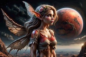 ais-fairy woman looking at the horizon with torn shirt, winged girl, black sky background with red planet, Fairy,