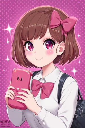 1girl, happy vein, bag, bangs, blush stickers, bow, brown hair, closed mouth, collared shirt, hair bow, halftone, halftone background, looking at viewer, pink bow, pink eyes, purple eyes, shirt, short hair, solo, sparkle, upper body, white shirt, holding a exam, school exam