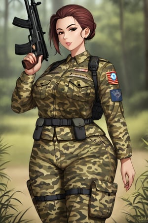 DEN_chloe_tetsuwuo,
(a (soldier:1.1) in the jungle on manoeuvrers wearing (army fatigues:1.2) and holding a rifle, (camouflage:1.2), military, uniform, military, camouflage uniform:1.2),
bokeh, f1.4, 40mm, photorealistic, raw, 8k, textured skin, skin pores, intricate details  , epiCRealism,jumbovenusXL