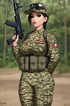 DEN_chloe_tetsuwuo,
(a (soldier:1.1) in the jungle on manoeuvrers wearing (army fatigues:1.2) and holding a rifle, (camouflage:1.2), military, uniform, military, camouflage uniform:1.2),
bokeh, f1.4, 40mm, photorealistic, raw, 8k, textured skin, skin pores, intricate details  , epiCRealism,