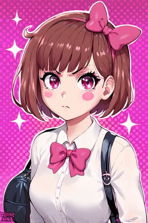 1girl, anger vein, bag, bangs, blush stickers, bow, brown hair, closed mouth, collared shirt, hair bow, halftone, halftone background, looking at viewer, pink bow, pink eyes, purple eyes, shirt, short hair, solo, sparkle, upper body, white shirt