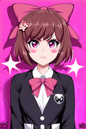 1girl, anger vein, bag, bangs, blush stickers, bow, brown hair, closed mouth, collared tornado dress, hair bow, halftone, halftone background, looking at viewer, pink bow, pink eyes, purple eyes, shirt, short hair, solo, sparkle, upper body, white tornado dress