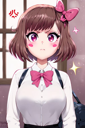 1girl, anger vein, bag, bangs, blush stickers, bow, brown hair, closed mouth, collared shirt, hair bow, halftone, look of contempt, halftone background, watching from a window, looking down viewer, pink bow, pink eyes, purple eyes, shirt, short hair, solo, sparkle, upper body, white shirt
