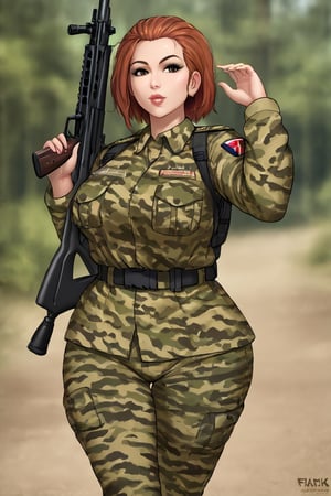 DEN_chloe_tetsuwuo,
(a (soldier:1.1) in the jungle on manoeuvrers wearing (army fatigues:1.2) and holding a rifle, (camouflage:1.2), military, uniform, military, camouflage uniform:1.2),
bokeh, f1.4, 40mm, photorealistic, raw, 8k, textured skin, skin pores, intricate details  , epiCRealism,jumbovenusXL