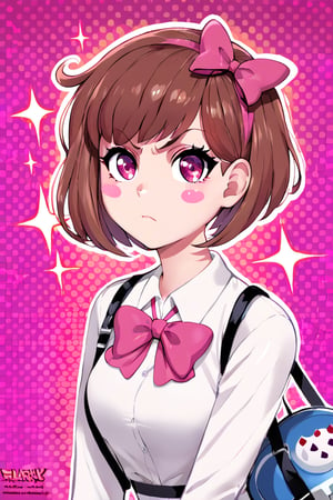 1girl, anger vein, bag, bangs, blush stickers, bow, brown hair, closed mouth, collared shirt, hair bow, halftone, halftone background, looking at viewer, pink bow, pink eyes, purple eyes, shirt, short hair, solo, sparkle, upper body, white shirt, holding a flamethrower on