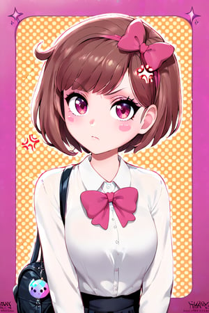 1girl, anger vein, bag, bangs, blush stickers, bow, brown hair, closed mouth, collared shirt, hair bow, halftone, halftone background, looking at viewer, pink bow, pink eyes, purple eyes, shirt, short hair, solo, sparkle, upper body, white shirt