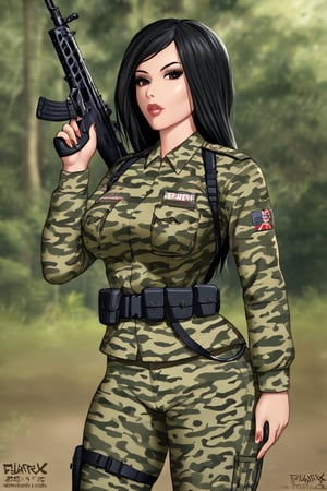 DEN_chloe_tetsuwuo,
(a (soldier:1.1) in the jungle on manoeuvrers wearing (army fatigues:1.2) and holding a rifle, (camouflage:1.2), military, uniform, military, camouflage uniform:1.2),
bokeh, f1.4, 40mm, photorealistic, raw, 8k, textured skin, skin pores, intricate details  , epiCRealism,