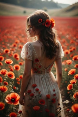 **Prompt:**
Write a story inspired by an image of an individual standing in a field of poppies with their back to the camera. The individual's hair is adorned with poppy flowers, and they are wearing a light-colored dress. The focus on the individual and the vibrant red poppies against a soft, blurred background creates an aesthetically pleasing and serene scene.
