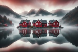 Create an image featuring three vibrant red houses reflected in the still waters of a misty lake with a fog-enshrouded mountain in the background. Emphasize a serene atmosphere with muted colors except for the striking reds of the houses and ensure symmetrical reflections on water for a tranquil effect.
