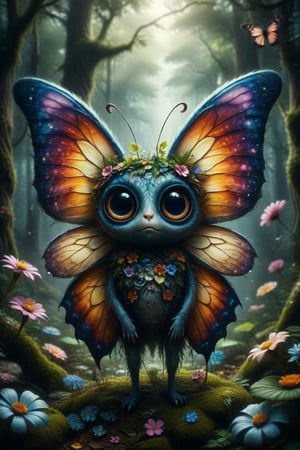 **Prompt:**
Write a story about a whimsical creature with large, expressive eyes and wings like that of a butterfly, who lives in an enchanted forest. This creature has a body made of different elements that seem to be stitched together, giving it an eerie yet endearing appearance. One day, it discovers a magical flower that holds the secrets to its mysterious origin.
