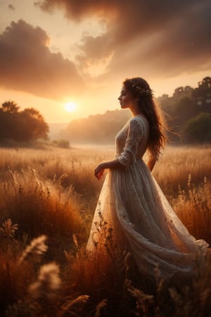 : "Create a breathtaking image that captures the magic of a golden sunset. Depict a young woman standing in a field, her silhouette gracefully outlined against the glowing sky. Dress her in a delicate white dress adorned with floral patterns, with the fabric billowing gently as if caught in an unseen breeze. Paint the sky with a rich, fiery palette of oranges and reds, creating a hazy, dreamlike atmosphere. Scatter tiny specks of light throughout the frame, adding a touch of enchantment. Position the woman in a stance of quiet contemplation, her face turned slightly away, her expression serene and peaceful, with her hand raised in a gentle gesture. Surround her with a sea of golden wheat or tall grasses, swaying gently and creating a mesmerizing pattern of movement and light."