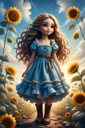 Create an illustration of a whimsical character with animal-like features, long flowing hair, wearing a detailed ruffled dress in shades of blue and white, complemented by brown boots. The setting includes a bright sky and sunflowers around the character.
