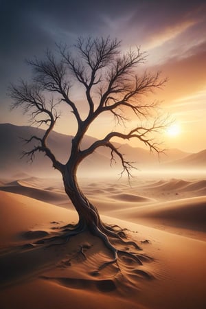 Create an image featuring a lone leafless tree with gnarled branches leaning towards one side atop a wind-swept sand dune under a hazy sunrise sky. Incorporate soft gradients from warm amber hues near the sun to cool blues and purples in the upper sky and shadows cast upon the dunes, capturing an ethereal desert dawn.
