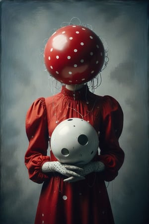 Create an image featuring a surreal figure in a red garment with white polka dots. The figure has puffed sleeves covering the torso and arms. Instead of a visible head, obscure it with a plain grey rectangle. On either side of where the head should be, include two large white spheres attached by thin black wires. Set this figure against a muted blue-grey background to evoke an atmospheric effect.”