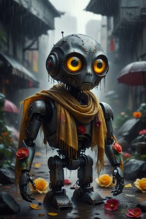 Design a whimsical robot with a spherical black head featuring oversized yellow eyes and red petal-like adornments. The robot is draped in a tattered scarf splashed with vibrant yellow and orange colors against a backdrop of rain-soaked grey surroundings. Include a sharply focused red rose in the foreground to contrast the muted tones of the setting.”