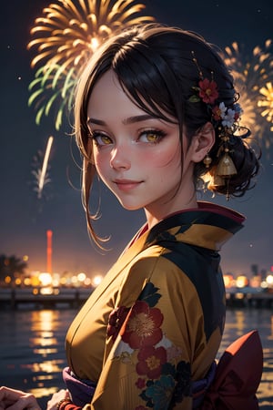Masterpiece, best quality, a girl, raw photo, 18yo, kimono, blush, smile, yellow eyes. nightsky, fireworks background, extremely detailed, best illumination, camera flash.,HIGHLY DETAILED