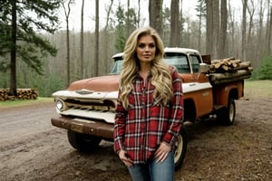 cabin in the woods, front porch, wood pile, rusty truck on cinderblocks, dense trees, dark woods, large oak trees, moss, Beautiful woman, plaid long-sleeved flannel shirt, long wavy blonde hair,




