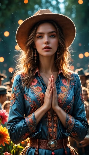 official art of cinematic photos, unity 8k wallpaper, over-detailed, aesthetic, masterpiece, best quality, photorealistic, entanglement, mandala, , entanglement, thin girl, raised closed hands, gentle, gentle hands, sad, tears on cheeks, rembrandt cowboy shot, halo of flowers, dynamic angle, the most beautiful, the form of chaos, elegant, psychedelic design, bright colors, romanticism, atmospheric. 35mm photography, film, bokeh, professional, 4k, high detail