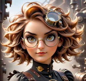 Steampunk lady: (((glasses in hair))), brass goggles, auburn waves; elegance entwined with machinery. Short hair, beautiful face, steampunk style, trending on artstation, sharp focus, studio photo, intricate details, highly detailed
,3d toon style