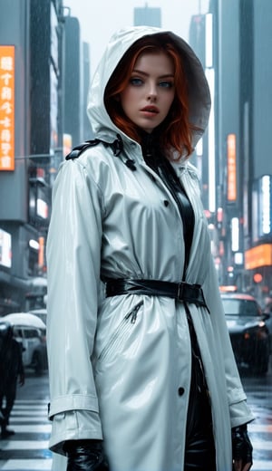((highest quality)), ((masterpiece)), (be familiar with), (High definition), (Accurate), (Realistic), (Cinematic), (Best Shadow), (Low contrast), (8K), Perfect Face, ((SYD MEAD style)), manga、manga design、Storyboard、Frame division、A woman standing in the middle of an intersection, (Replicant), (artificial human world), Wearing a raincoat、Wearing a hood、Hollow Eyes、(Scramble crossing), There's a police officer、The car is jammed、congestion, congestion, NEO TOKYO, A.D.2051, (steam:1.2), It's raining white, evening, (The sky is orange), (Close-up of face)、Bust Shot
