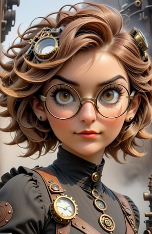 Steampunk lady: (((glasses in hair))), brass goggles, auburn waves; elegance entwined with machinery. Short hair, beautiful face, steampunk style, trending on artstation, sharp focus, studio photo, intricate details, highly detailed
,3d toon style