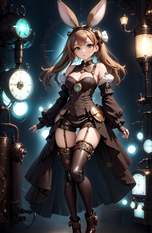 Japanese anime style steampunk illustration、Dimly lit luxury club at midnight,Mechanical prosthetics that only glow under incandescent lights,Comes with steampunk-style mechanical prosthetics and steampunk-style legs、steampunk bunny headband、Steampunk Bunny Suit with Chest Exposed Shirt,Highlight the slender and transparent crotch、medium chest circumference、Beautiful robot girl serving customerix the hands
,steampunk style