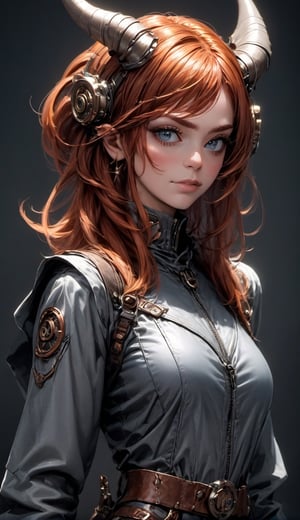 oni, demon girl, steam-powered goggles, twisted horns, copper hair, industrial, metallic ((silver skin)), clockwork city, tinkering with inventions, curious, detailed face, gear-shaped shield, mechanic jumpsuit, wholesome