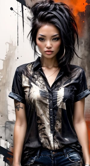 aesthetic, painterly style, modern ink, Asian girl, sensual, sultry, dark blouse, expressive pose, urbanpunk, abstract texture multilayer background, neo-expressionist , Russ Mills, Ian Miller