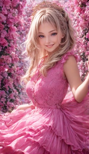 pink dress, smile, highres,sharp focus,(ultra detailed,extremely detailed),(photorealistic artwork:1.37),(extremely detailed CG unity 8k wallpaper),(((vibrant colors,vibrant theme))),(intricate),(masterpiece),(best quality),artistic photography,(photography taken by sldr),(intricate background),perfect rendered face,perfect face details,realistic face,photo realistic,analog style,((intricate detail)),(((realism))), her pet
