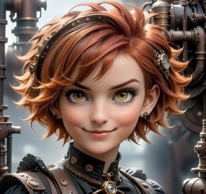 Steampunk redhead girl, hair styled in very short haircut, beautiful face, soft smile, steampunk style, trending on artstation, sharp focus, studio photo, intricate details, highly detailed
,