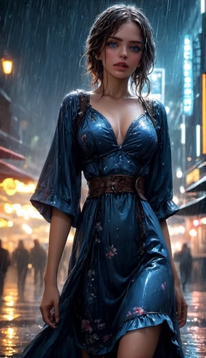 16K, HDR, UHD, best quality, masterpiece, anime style, beautiful young woman in beautiful flower garden, raining, wet, detailed rain droplets, cowboy shot, wearing a beautiful dress, ultra beautiful detailed  eyes, hyper detailed face, complex,  perfect, model,  textured,  chiaroscuro, professional make-up, realistic, rough, dominating, figure in frame, by WLOP, cinematic lighting, award winning, RTX, ray tracing, hyper realistic, ethereal, post-apocalyptic, dystopian, cyberpunk, night, neon lights, despair, hdr