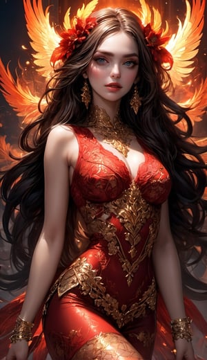 ((Masterpiece, Highest quality)), Detailed face, CharacterDesignSheet,full bodyesbian, Full of details, Multiple poses and expressions, Highly detailed, Depth, Many parts,beuaty girl,cinmatic lighting,with light glowing,Red and gold,Phoenix decoration,light yarn,Lace,lacepantyhose,high-heels