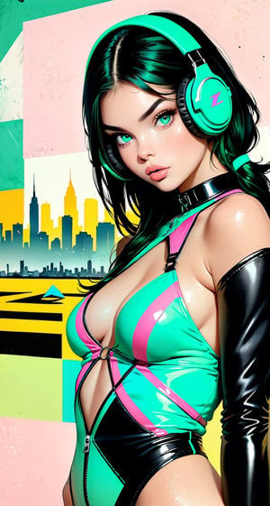 model  sexy girl wearing headphones, city background, emerald green eyes, intricate details, aesthetically pleasing pastel colors, poster background, art by conrad roset and ilya kuvshinov