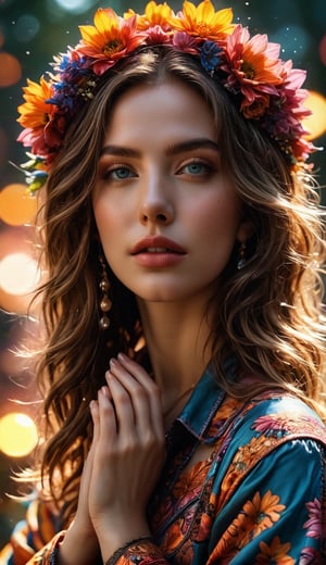 official art of cinematic photos, unity 8k wallpaper, over-detailed, aesthetic, masterpiece, best quality, photorealistic, entanglement, mandala, , entanglement, thin girl, raised closed hands, gentle, gentle hands, sad, tears on cheeks, rembrandt cowboy shot, halo of flowers, dynamic angle, the most beautiful, the form of chaos, elegant, psychedelic design, bright colors, romanticism, atmospheric. 35mm photography, film, bokeh, professional, 4k, high detail